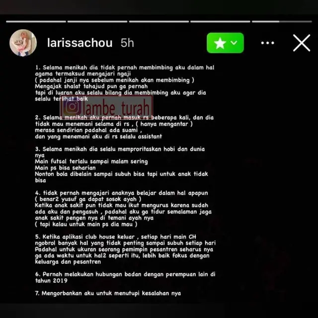Unggahan Larissa Chou soal alasan berpisah dari Alvin Faiz yang diunggah Lambe Turah (https://www.instagram.com/p/CPhTG77HrTG/)
