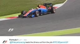 Rio Haryanto menjadi pebalap pertama yang memulai latihan bebas ketiga F1 GP Spanyol di Sirkuit Catalunya, Spanyol, Sabtu (14/5/2016). (Bola.com/Twitter/F1)