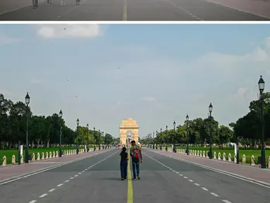 Foto Kombinasi yang dibuat pada tanggal 18 November 2024 ini menunjukkan para pejalan kaki yang berjalan di sepanjang Jalur Kartavya yang diselimuti kabut asap tebal, di dekat Gerbang India di New Delhi pada tanggal 18 November 2024 (foto atas) dan para pejalan kaki yang berjalan di bawah langit biru yang cerah di Jalur Kartavya dekat Gerbang India di New Delhi pada tanggal 26 September 2024. (Sajjad HUSSAIN/AFP)