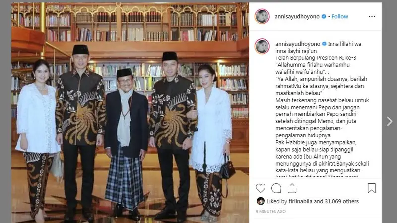 Presiden ketiga RI BJ Habibie meninggal dunia, Annisa Yudhoyono ucapkan duka cita