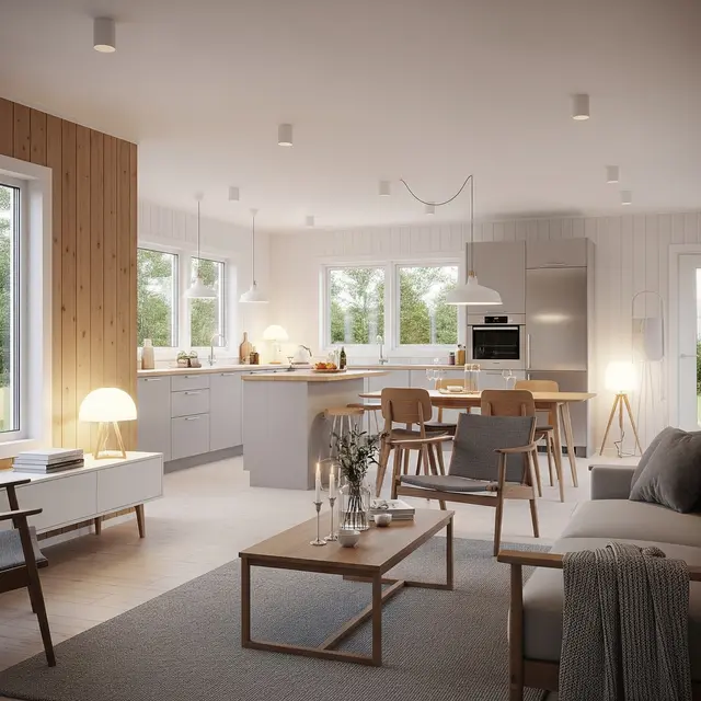 Desain Rumah Kecil Type 45 Skandinavian 1 Lantai dengan Dapur Terbuka (Image by Gemini AI)