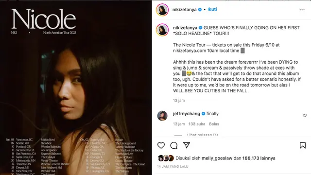 Niki Zefanya Akan Gelar Tur Tunggal di Amerika Selama September dan Oktober 2022. (instagram.com/nikizefanya)