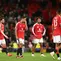 Reaksi para pemain Manchester United setelah keok pada babak ketiga Carabao Cup 2026/2027 dari Brighton di Stadion Old Trafford, Kamis (17/9/2026) dini hari WIB.  (Oli Scarff/AFP)