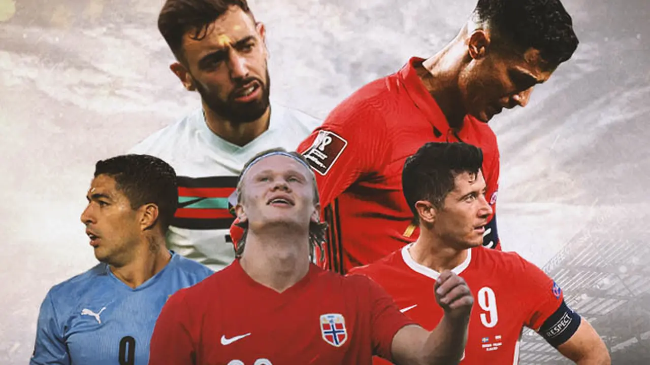 Ilustrasi - Erling Haaland, Luis Suarez, Bruno Fernandes, Robert Lewandowski, Cristiano Ronaldo