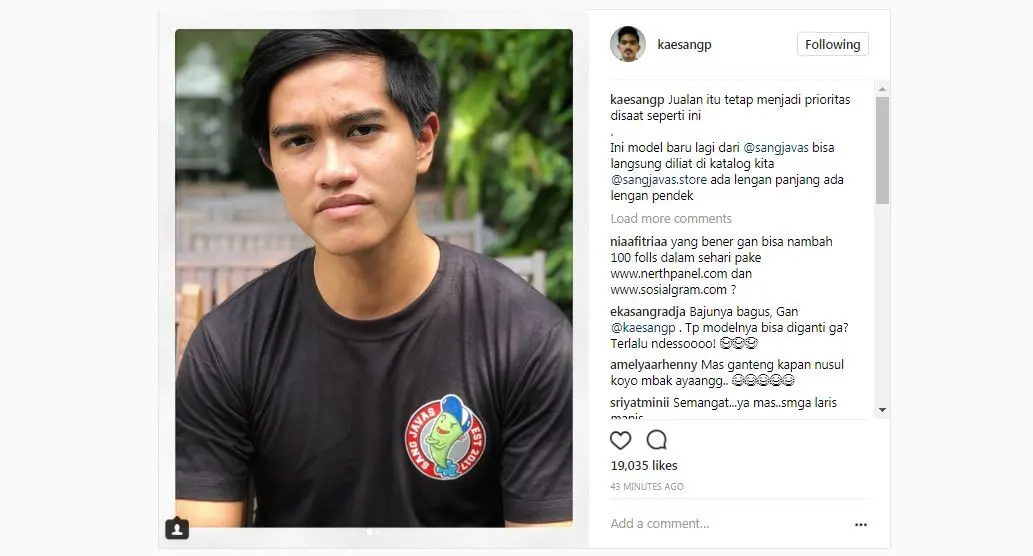 Kaesang Pangarep promo kaus dagangannya di tengah pernikahan Kahiyang Ayu [foto: instagram]
