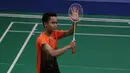 Ekspresi tunggal putra Anthony Sinisuka Ginting pada final bulutangkis beregu putra SEA Games 2019, Rabu (4/12/2019). (Bola.com/Muhammad Iqbal Ichsan)