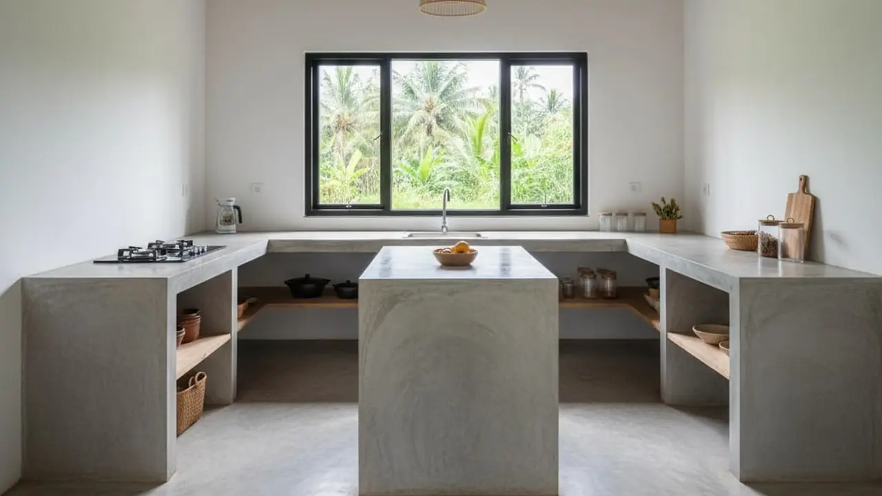 Dapur dengan Lantai Semen Ekspos Polos
