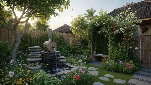 Model Taman Rumah Kecil dengan Air Mancur Mini untuk Suasana Tenang dan Natural/ Ilustrasi Gambar Oleh AI