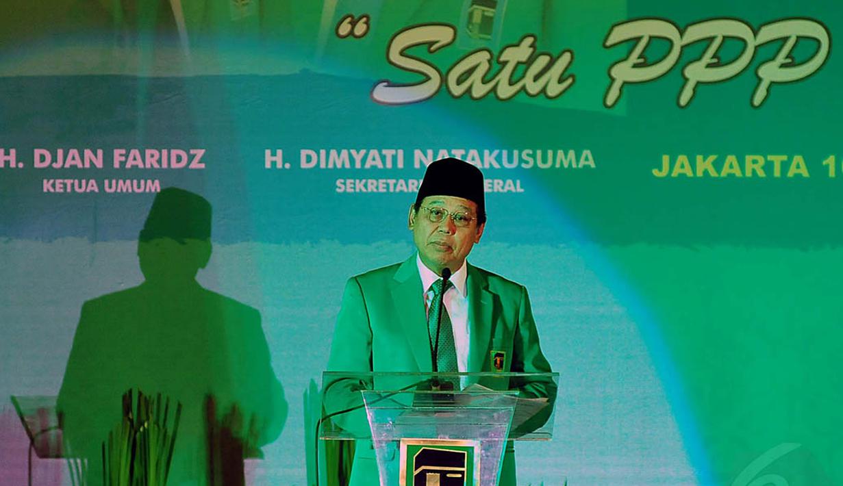 Ketua Umum PPP, Djan Faridz yang terpilih di Muktamar Jakarta saat acara Mukernas I, Rabu (10/12/2014). (Liputan6.com/Johan Tallo)