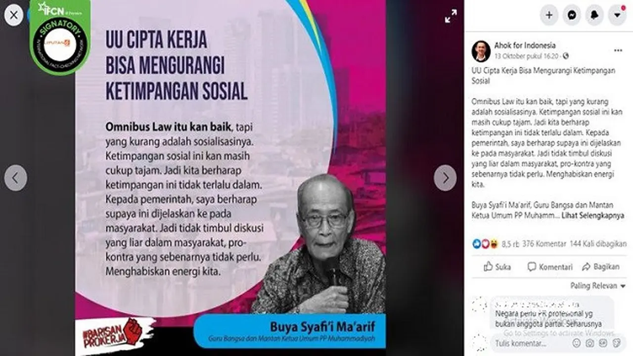 Gambar Tangkapan Layar Poster yang Diklaim Pernyataan dari Buya Syafii Maarif soal Omnibus Law Cipta Kerja