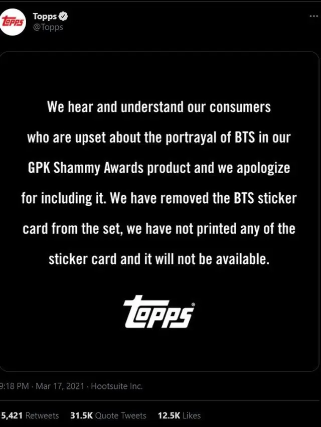 Jawaban Topps Company. (Tangkapan layar Twitter/ Topps)