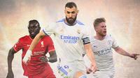 Ilustrasi - Karim Benzema dikelilingi Sadio Mane dan Kevin de Bruyne (Bola.com/Adreanus Titus)