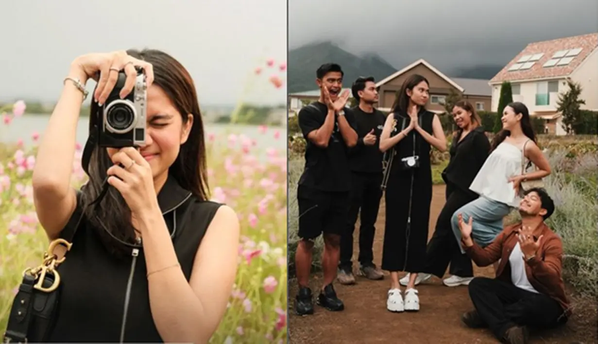 Menikmati suasana tepian Danau Kawaguchiko, Azizah Salsha mencoba hobi barunya, yaitu fotografi. Bahkan, dalam keterangan unggahannya di Instagram, perempuan 19 tahun itu menyebut kamera sebagai mainan baru. Azizah pun banyak mengabadikan foto bareng sahabat. (Liputan6.com/IG/@sadam.jpg)