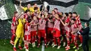 Gol tunggal Ayoub El Kaabi pada menit ke-116 mengantar Olympiakos tampil sebagai juara UEFA Europa Conference League 2023/2024. (ThÈophile BLOUDANIS/AFP)