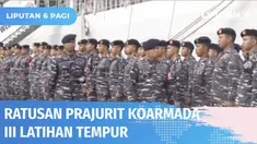 Prajurit Koarmada III dan Pasmar III, menggelar latihan tempur dan pendaratan di Pantai Warmenum Sausapor, Kabupaten Tambrauw, Papua. Sejumlah kapal perang, tank, dan helikopter dilibatkan dalam kegiatan latihan ini.