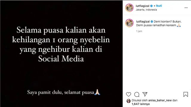 Lutfi Agizal Umumkan Berhenti dari Media Sosial Selama Ramadhan, Warganet Girang