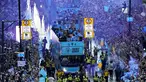 Tim Manchester City berparade saat merayakan kemenangan Liga Inggris, Piala FA, dan Liga Champions di Manchester, Inggris, Senin (12/6/2023). (Danny Lawson/PA via AP)