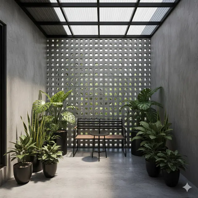 Teras Rumah di Gang Sempit dengan Konsep Tropical-Industrial Terbaru 2025. Gemini