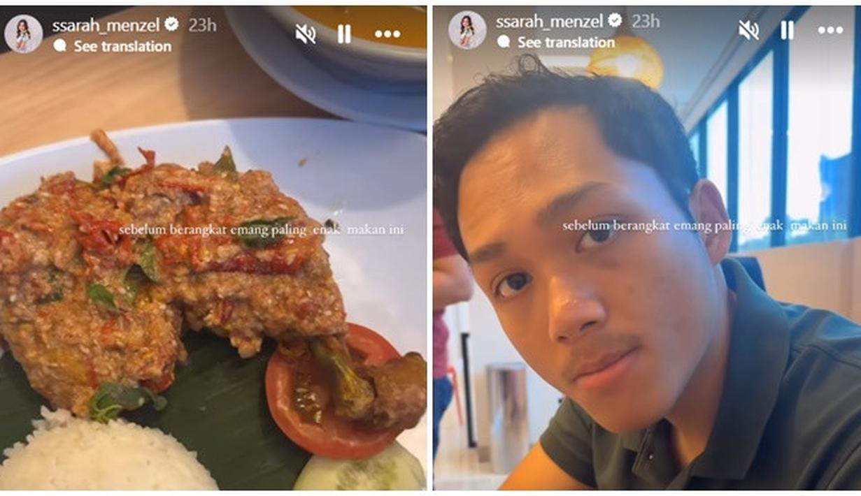 Ini momen Sarah Menzel makan bareng Azriel sebelum berangkat. Meski tentunya tidak mudah untuk menjalani hubungan jarak jauh, namun keduanya saling memberikan semangat. Momen perpisahan Sarah Menzel dengan Azriel dan keluarganya ini juga diunggah di kanal YouTube The Hermansyah A6. Keluarga Azriel juga dukung penuh keputusan Sarah kuliah di luar negeri. (Liputan6.com/IG/@ssarah_menzel)