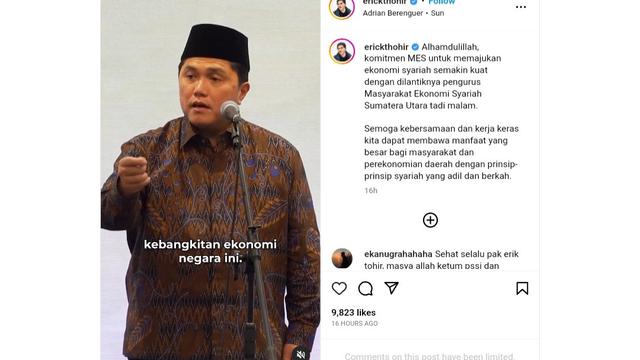 Tangkapan layar unggahan Instagram Menteri BUMN yang juga menjabat sebagai Ketua Masyarakat Ekonomi Syariah (MES) Erick Tohir @erickthohir, Jumat (19/5/2023).