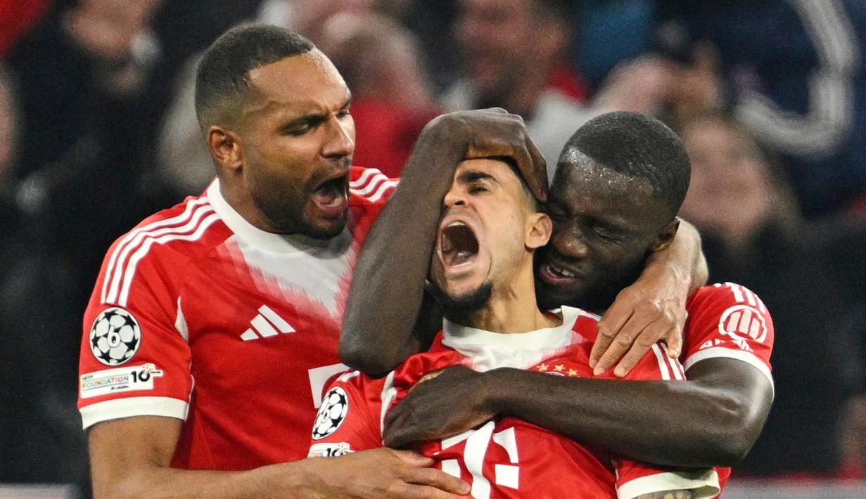 Pemain Bayern Munchen, Luis Diaz, melakukan selebrasi setelah mencetak gol ke gawang Real Madrid pada laga leg kedua perempat final Liga Champions di Allianz Arena, Kamis (16/4/2026) dini hari WIB. (AP Photo/Lennart Preiss)