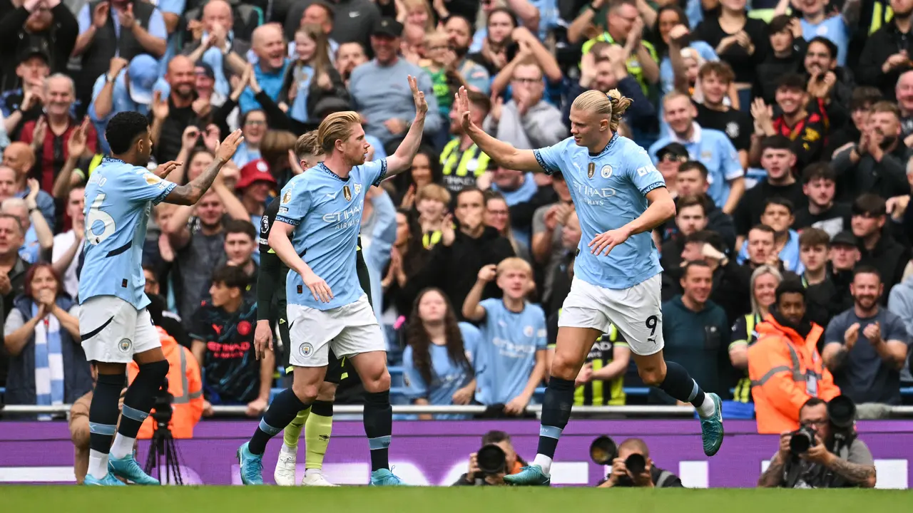Selebrasi Manchester City saat Haland menjebol gawang Brentford di arena Liga Inggris