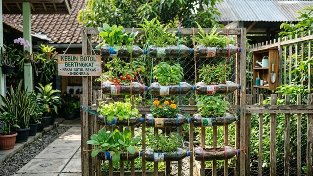 Desain Kebun Mini di Pagar Rumah Pakai Botol Plastik (AI Generated)