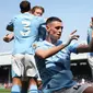 Selebrasi pemain Manchester City, Phil Foden usai mencetak gol ke gawang Fulham dalam laga lanjutan Premier League 2023/2024, Sabtu (11/5/2024) malam WIB.