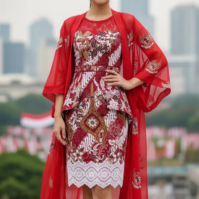 Dress Batik Kombinasi Brokat Tema Hari Kemerdekaan (AI Generated)
