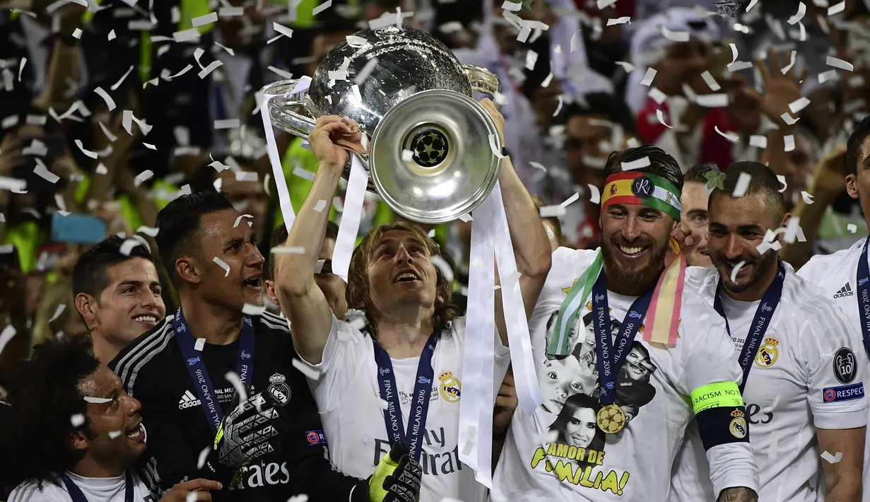 Luka Modric. Bersama Real Madrid berhasil mengalahkan Atletico Madrid lewat adu penalti dalam partai final Liga Champions 2015/2016 di San Siro Stadium, Milan, 28 Mei 2016. (AFP/Pierre-Philippe Marcou)