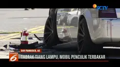 Korban melompat dari mobil, sementara mobil penculik justru menabrak tiang lampu jalan dan terbakar.