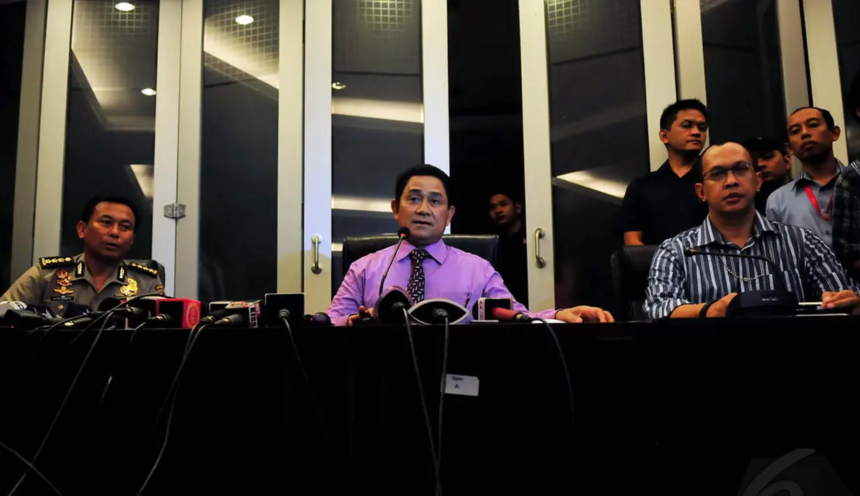 Suasana jumpa pers terkait kasus penghinaan terhadap Presiden Jokowi yang dilakukan seorang pemuda berinisial MA di Mabes Polri, Jakarta, Rabu (29/10/2014). (Liputan6.com/Johan Tallo)