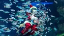 Diharapkan pertunjukan ini menjadi tontonan berkesan bagi pengunjung akuarium. Tampak dalam foto, seorang penyelam berkostum Sinterklas memberi makan ikan di Akuarium Sunshine dalam persiapan untuk acara spesial Natal mendatang di Tokyo pada 1 Desember 2025. (Kazuhiro NOGI/AFP)