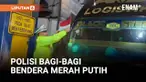 Menjelang HUT ke-80 RI, petugas Patroli Jalan Raya Ditlantas Polda Metro Jaya menggelar aksi Polantas Menyapa dengan membagikan dan memasang sekitar 260 bendera Merah Putih berukuran kecil pada kendaraan angkutan barang di sejumlah gerbang tol, terma...