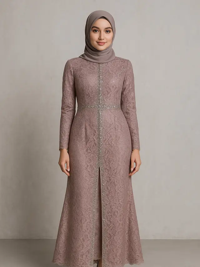 Model Gamis Brokat Belah Tengah Kombinasi Payet