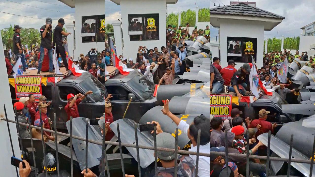 Kericuhan terjadi saat seribuan massa menggelar aksi demonstrasi di depan kantor Komisi Pemilihan Umum (KPU) Kabupaten Pesawaran. Foto : Istimewa).