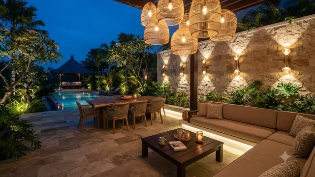Area Santai Outdoor dengan Lampu Warm White