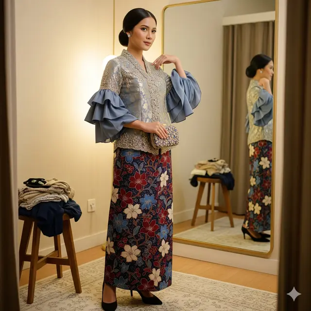 Blouse Batik Lengan Balon dengan Aksen Ruffle