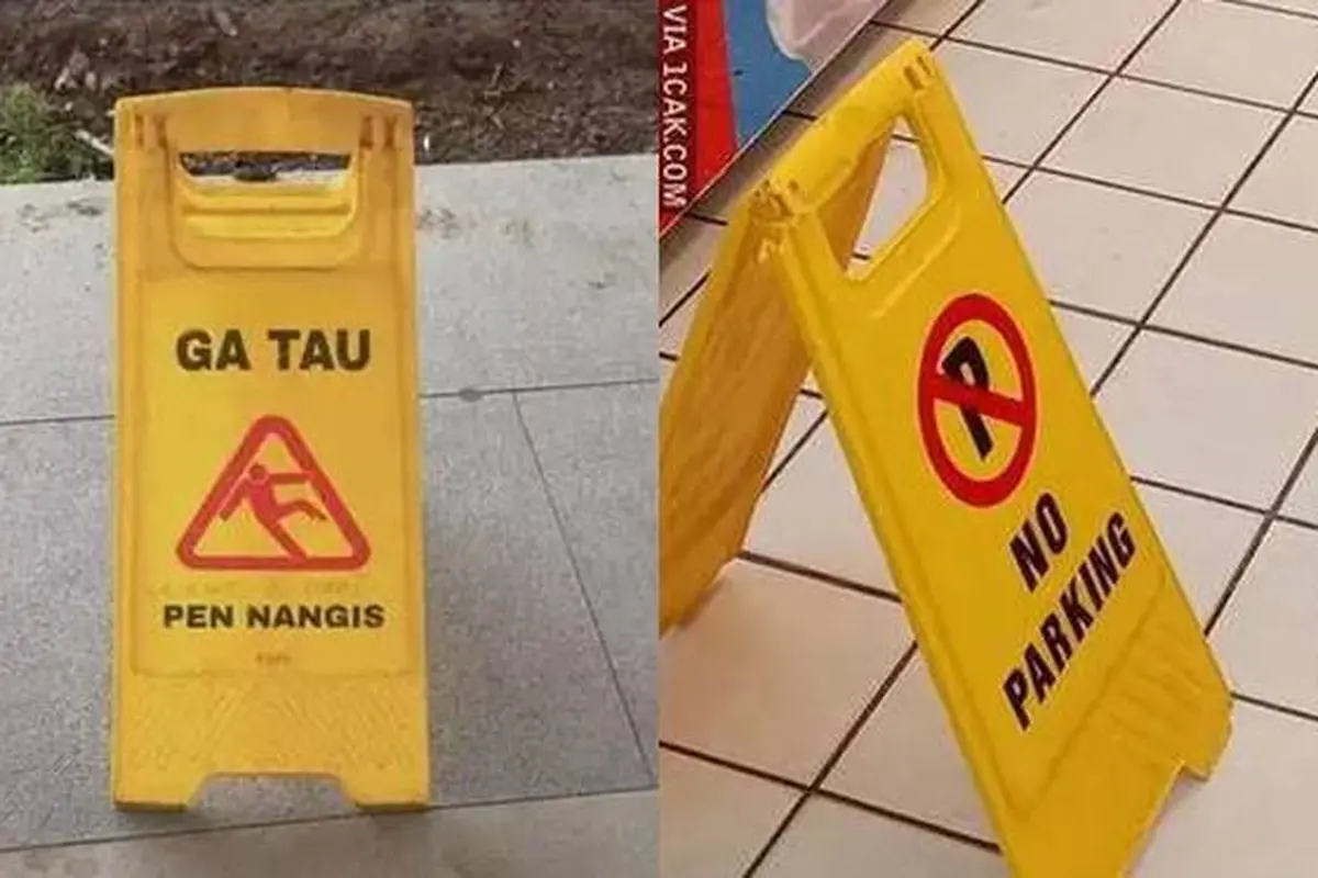 10 Potret Kocak Penanda Lantai Licin Ini Bikin Tepuk Jidat