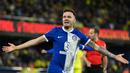 Pemain Atletico Madrid, Saul Niguez merayakan gol kemenangan timnya atas Villareal pada laga lanjutan Liga Spanyol 2023/2024 di La Ceramica Stadium, Villareal, Spanyol, Selasa (02/04/2024) dini hari WIB. (AFP/Jose Jordan)