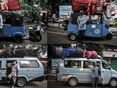 Foto kombinasi para sopir angkot dan bajaj berpose di kawasan Kramat Pulo, Senen, Jakarta Pusat, Selasa (22/6/2021). Bagi para sopir, menjadi pengangkut ondel-ondel merupakan kerja sampingan yang sangat membantu perekonomian mereka. (merdeka.com/Iqbal S. Nugroho)