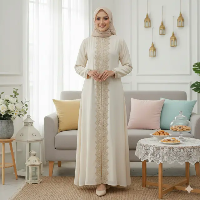 Model Gamis Layer Brokat untuk Lebaran 2026 (Foto: Gemini AI)