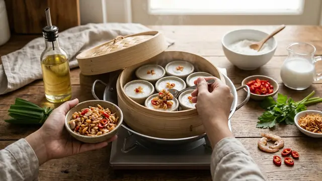 Kue Gandus Palembang dengan Topping Ebi dan Daun Seledri