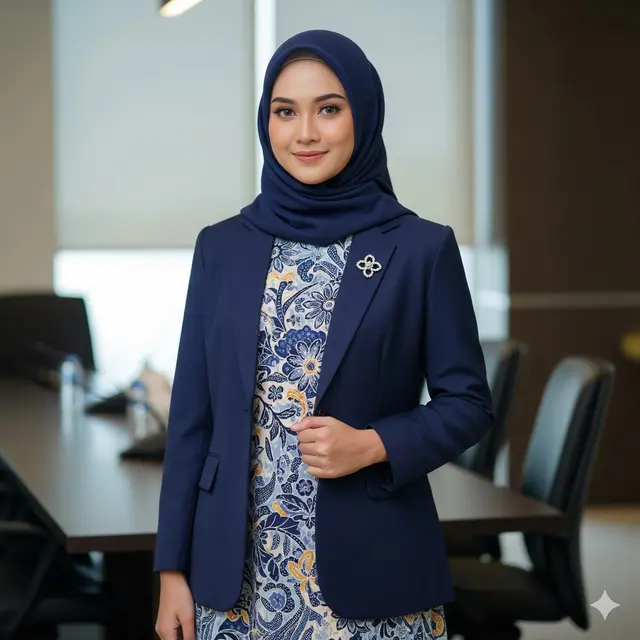 Dress Batik Modern + Blazer Navy Polos