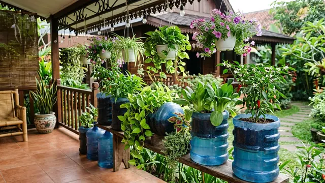 desain kebun sayur mini dari galon bekas untuk teras rumah