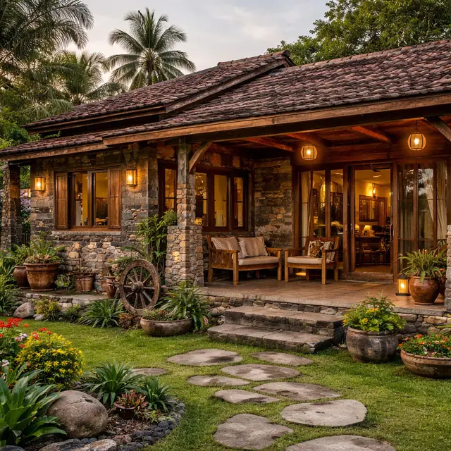 Model Rumah Desa dengan Kombinasi Material Kayu dan Batu Alam (ChatGPT)