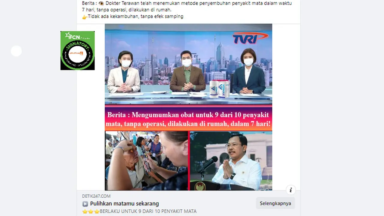 Tangkapan layar klaim penemuan metode penyembuhan penyakit mata tanpa operasi oleh Dokter Terawan