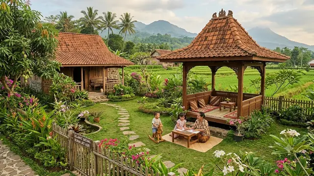 Inspirasi Rumah Pedesaan dengan Taman dan Pendopo yang Asri Model Pendopo Menghadap Taman Depan