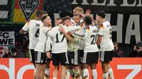 Selebrasi Timnas Jerman usai menjebol gawang Timnas Slovakia di Grup A Kualifikasi Piala Dunia 2026 zona Eropa, Selasa (18/11/2025) dini hari WIB. (AP Photo/Matthias Schrader)