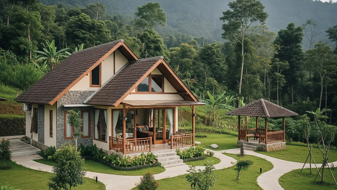 Model Rumah Sederhana Masa Tua yang Nyaman Cottage dengan Halaman Luas. Foto: Gemini